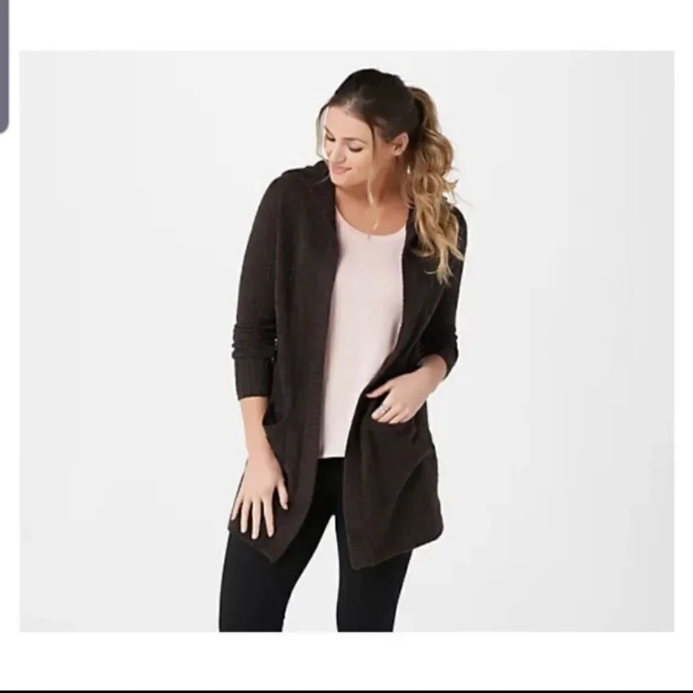 Barefoot Dreams CozyChic Lite Relaxed Hooded Cardi with Pockets  Brown sz small